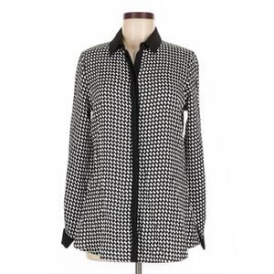 Anne Fontaine Button Up Blouse Black White Print Long Sleeve Shirt Size 8 Eu 40